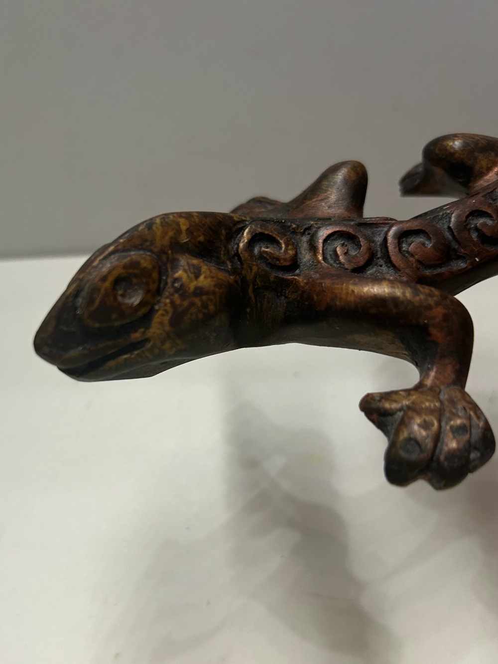 Hand Carved Lizard Wood Figurine Decor Shelf Sitter Brown Bronze Gold 10”